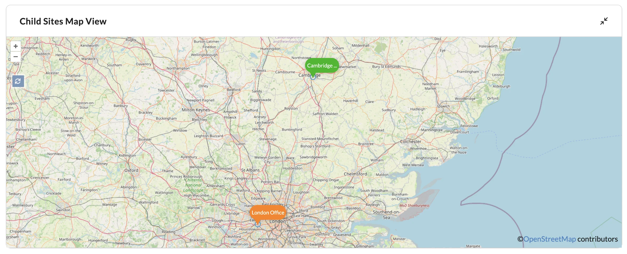 A multi-site's map view showing its child sites